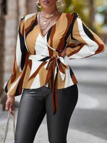 Chiquease Women's Elegant Commuter Shirt With Full Print V-Neck And Lantern Sleeves (Random Print), Spring And Summer Peplum Top