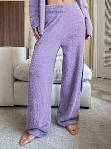 DAZY Pijama de moletom folgado com amarração na cintura, em imitação de pele de vison, roupa aconchegante para outono e inverno. - Roxa - Ver 6