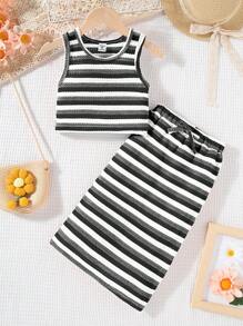 2 件套女孩休闲街头长裙套装，春夏 - 黑與白 - 查看 1