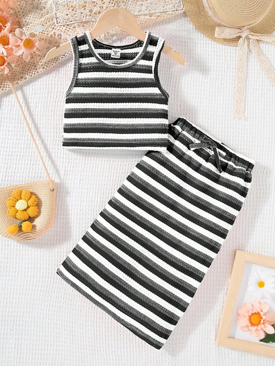 2 件套女孩休闲街头长裙套装，春夏 - 黑與白 - 查看 1