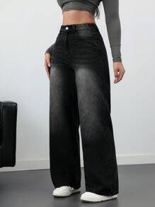 SHEIN Tall 女牛仔裤黑色牛仔裤休闲宽松直筒长裤外出下装女牛仔裤牛仔裤子秋季裤子 - 黑色 - 查看 4