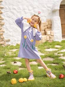 Robe à manches longues avec col brodé de fleurs mignonne pour jeune fille, style élégant et doux, automne hiver - Prune - Voir 5