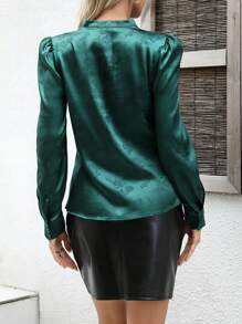 SHEIN Clasi Women's Elegant Jacquard Puff Sleeve Wrap Blouse, Spring & Autumn - Green - View 2