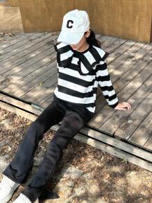 SHEIN 2pcs Tween Girl Turndown Collar Striped Knit Sweater Top And Flare Pants Set - Black and White - View 3