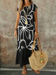 EMERY ROSE Váy dài tay ngắn họa tiết sọc in hoa văn mùa hè cho nữ, viền màu trơn - Đen và trắng - Xem 1