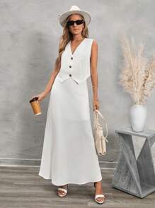 SHEIN LUNE 2 piezas Conjunto de chaleco sin mangas blanco con botones + falda larga informal para mujer - Blanco - Ver 1
