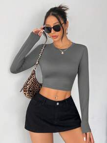 SHEIN PETITE 4 件装休闲圆领右肩长袖修身女士 T 恤适合秋冬季 - 彩色 - 查看 6