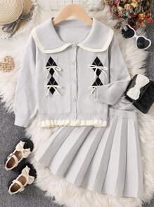 SHEIN 2pcs/Set Girls Collegiate Style Checkered Bow Knit Cardigan And Pleated Skirt Suit, Autumn