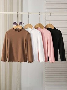 SHEIN LMoss Kids LMoss Young Girl 4pcs/Set Mock Neck Lettuce Trim Knit Fabric Tee, Versatile, Great For Casual Daily Wear & School Daily In Autumn & Winter - Multicolor - View 4