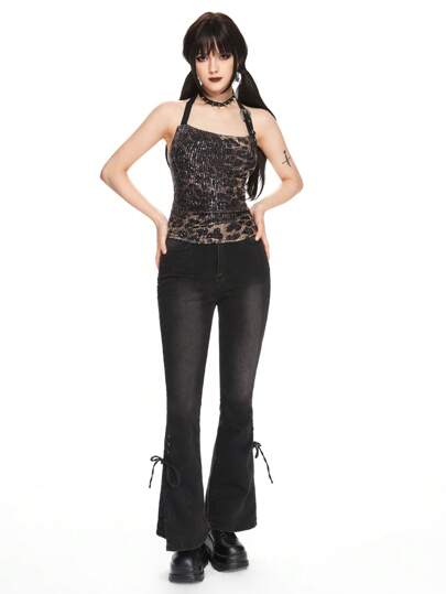 Hippie Top sin mangas de estilo urbano para mujer, elaborado con tela de lentejuelas con estampado de leopardo, inspirado en el estilo Y2K