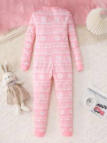 青少年女孩舒适温暖粉色印花连体裤可爱心形刺绣正面睡衣家居休闲服圣诞节 - 彩色 - 查看 2