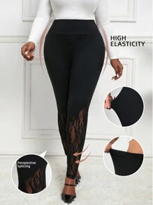 SHEIN Lady Spring And Summer Autumn And Winter Elegant Casual Black  Knitted Lace Plus Size Leggings Fall Women Clothes Women Costumes Rave Festival Outfits Business Women Clothes Capri Pants