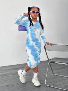 SHEIN Explorewe Tween Girl Allover Print Long Sleeve Dress - Multicolor - View 3