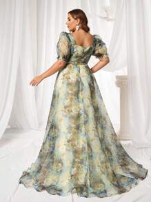 SHEIN Belle 大码花卉印花公主袖分层荷叶边高开叉长裙浪漫、优雅、甜美度假风礼服、婚礼活动礼服、舞会晚礼服，适合婚礼嘉宾、毕业典礼、晚宴 - 彩色 - 查看 2