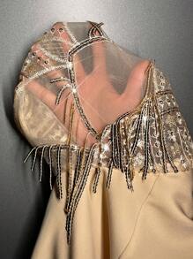 Allurite Elegant Plus Size Women's Shiny Sequin Patchwork Double-Breasted Long Sleeve Blazer Jacket, Suitable For Prom