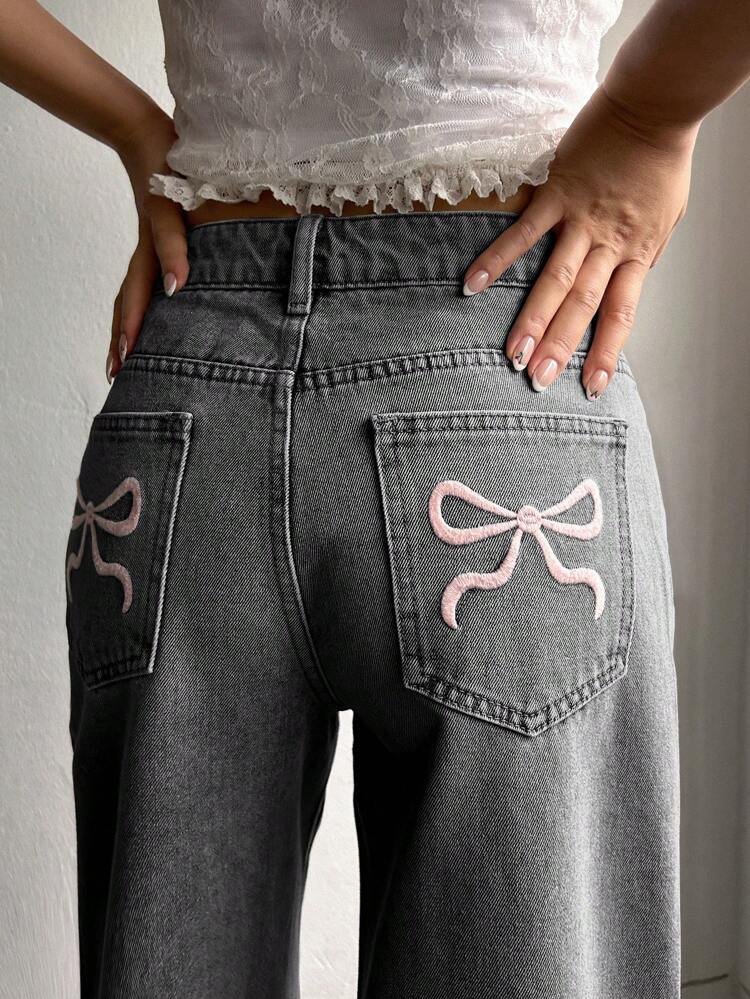 Women's Casual Washed Denim Jeans With Embroidered Bowknot,Back To School Clothes