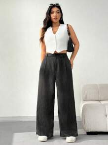 SHEIN EZwear Plus Size Black Striped Retro Loose Pants - Black - View 5