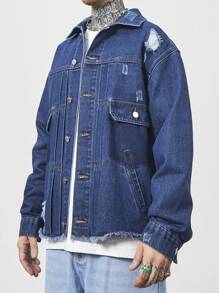 OTTIMOZO Men's Spring & Autumn Relaxed Fit Distressed Drop Shoulder Long Sleeve Denim Jacket - Blue - View 4