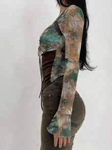 DAZY Damska bluzka w jednolitym kolorze z wiązaniem z przodu i długim rękawem, kołnierzykiem w kształcie serca, na co dzień - Wielokolorowe - Zobacz 5