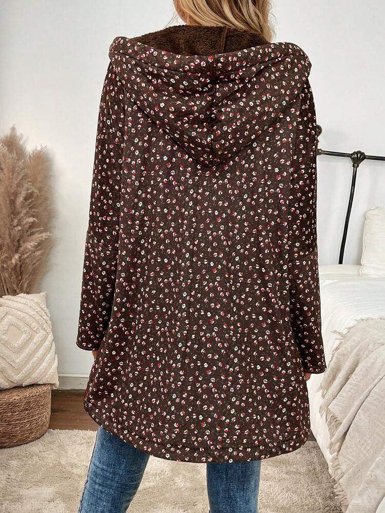 Women's Full Print Hooded Corduroy Fluffy Jacket Fall Clothes Women Fleece Jacket