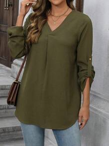 EMERY ROSE Women Going Out Top, Long Sleeve Top, Fall Winter Business Long Sleeve Renaissance Fair Brunch Top - Army Green - View 5