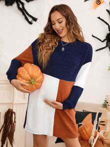 SHEIN Vestido Longo de Manga Longa com Ombro Caído e Bloco de Cores Materno, Vestido de Outono para Mulheres no Halloween - Multicolorido - Visão 3