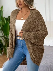 Calvaya Plus Size Solid Color Batwing Sleeve Cardigan, For Autumn And Winter - Khaki - View 7