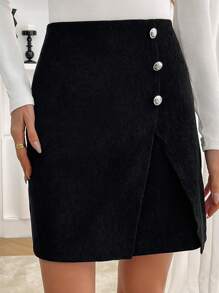 SHEIN LUNE Váy mini thường ngày có viền xẻ trang trí nút màu trơn cho nữ - màu đen - Xem 1