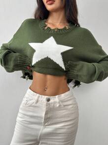 SHEIN EZwear Women's Crew Neck Long Sleeve Fringed & Star Print Colorblock Army Green Sweater - Green - View 1