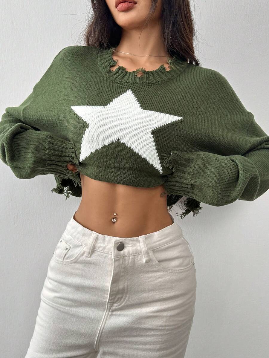 SHEIN EZwear Women's Crew Neck Long Sleeve Fringed & Star Print Colorblock Army Green Sweater - Green - View 1