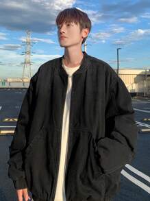 Manfinity Hypemode Men's Black Washed Plain Casual Dark Denim Thermal Lined Baseball Jacket, For Going Out - Dark Grey - View 4