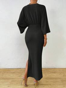 Celisse 女士优雅纯色蝙蝠袖侧开衩鱼尾连衣裙，春秋季长款女装