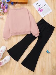 SHEIN Leap Crew 青少年女孩时尚都市风格圆领长袖毛衣和喇叭裤两件套 - 淺粉色 - 查看 2