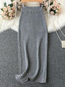 Chiquease Grey Maxi Fish Tail Skirt Knit Sweater Skirt For Women