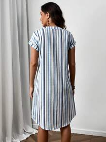 EMERY ROSE Women Casual Summer Colorful Striped V-Neck Loose Straight Dress - Multicolor - View 2