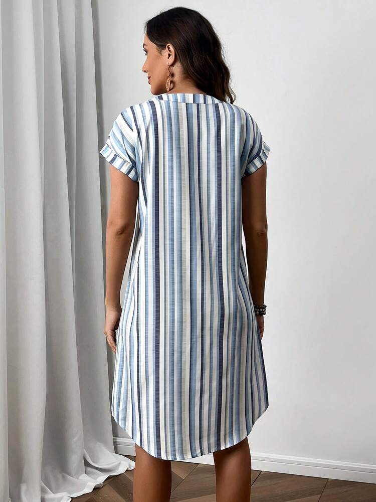Women Casual Summer Colorful Striped V-Neck Loose Straight Dress