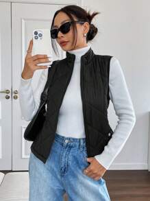 Muchica 女士纯色立领加垫背心 - 黑色 - 查看 1