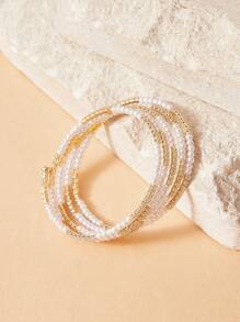 SHEIN 1pc Gold Plated Elastic Faux Pearl Bracelet - Yellow Gold - View 4