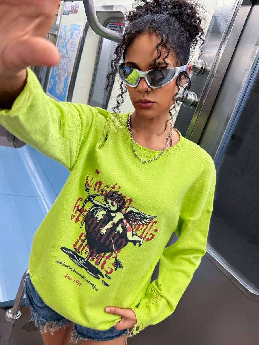 Rafael Machado Maglione in maglia con stampa di lettere di angelo stile Y2K, stile vintage, adatto per vacanze, festival, Ibiza - Verde - Visualizzare 1