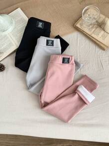 SHEIN LMoss Kids Bộ quần áo thu đông cho bé gái 3 món Quần legging vải nỉ dệt kim họa tiết chữ và logo màu trơn ấm áp có lót nhiệt, mặc được cho cả ngày thường và đi học. - Nhiều màu - Xem 5