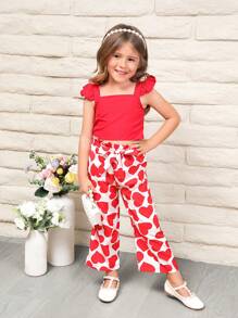 SHEIN Toddler Girls Ruffle Trim Top & Heart Print Belted Trousers - Multicolor - View 7