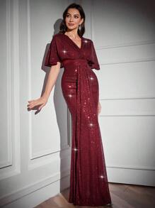 SHEIN Belle Vestido formal de noche con cuello en V y plisados para mujeres, vestido de otoño, vestido de Navidad, vestido de graduación, para invitados de boda, cena