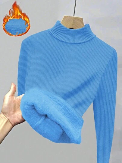 Franclia 女士纯色立领长袖休闲套头毛衣，带保暖内衬，秋冬季长袖上衣，针织套头衫