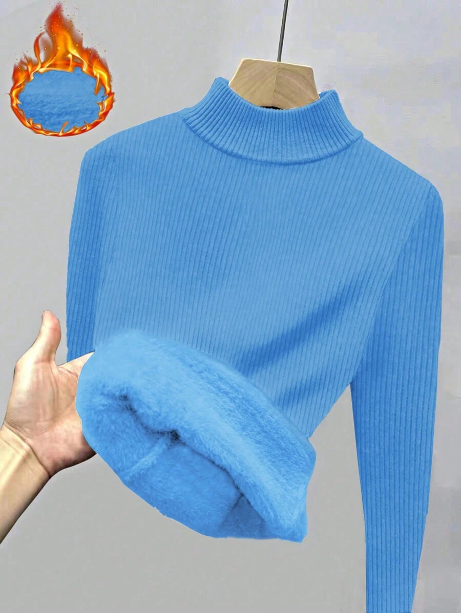Franclia 女士纯色立领长袖休闲套头毛衣，带保暖内衬，秋冬季长袖上衣，针织套头衫 - 藍色 - 查看 1