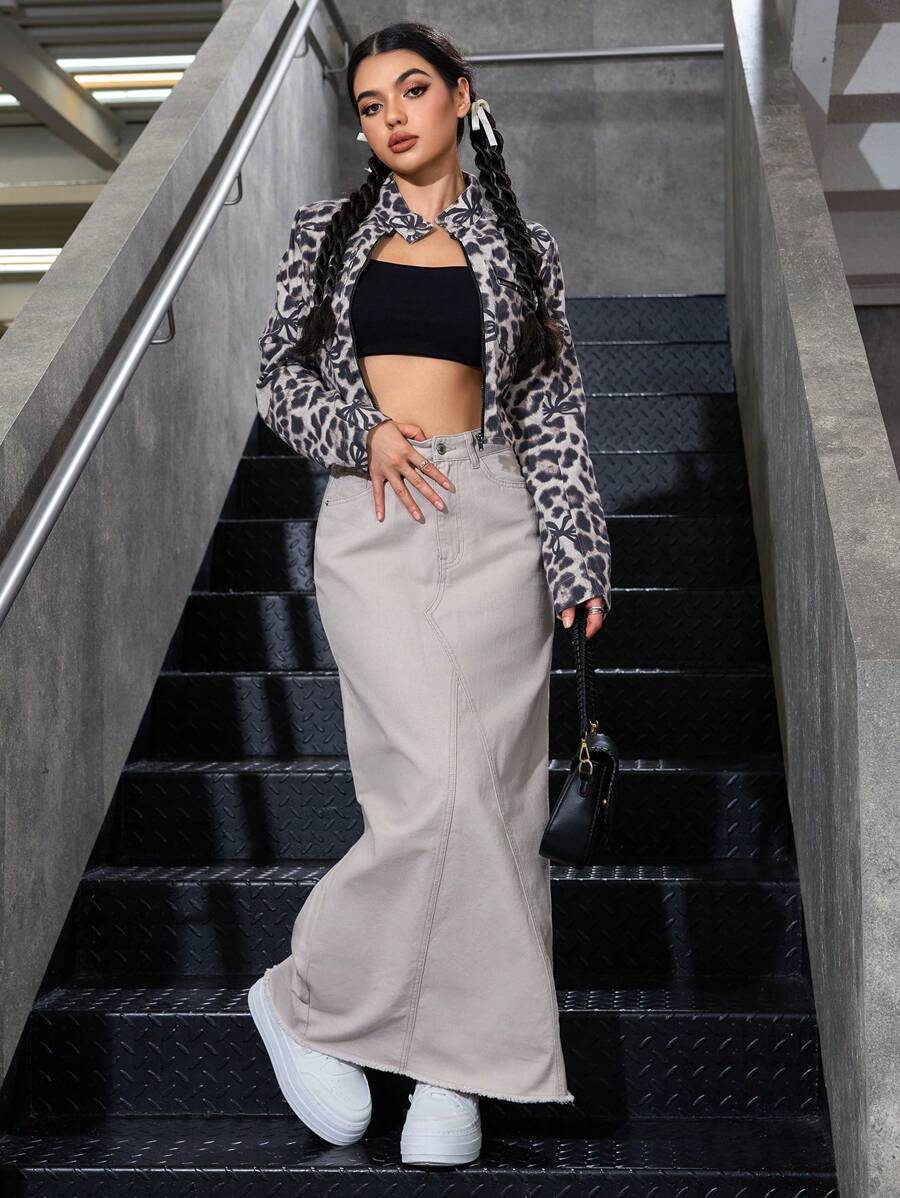 SHEIN EZwear 春秋休闲纯色长款牛仔半身裙 - 卡其色 - 查看 1