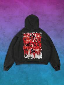 ROMWE MEN Harley Quinn | ROMWE Męska bluza z kapturem o luźnym kroju z nadrukiem w litery i postacie z kreskówek - Czarne - Zobacz 1