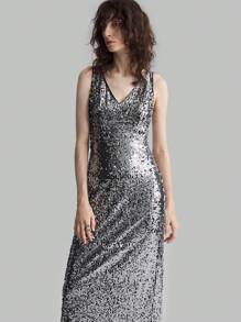 Ontre Silver Sequin V-Neck Slit Elegant Evening Party Dress - Silver - View 4