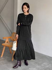 FRIFUL Women's Plain Crew Neck Long Sleeve Pleated Simple Casual Dress,Ruffle,Fall Clothes Maxi Dress - Black - View 4