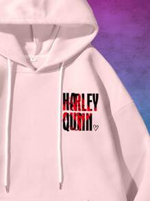 ROMWE MEN Harley Quinn | ROMWE 男士动漫人物与字母印花落肩抽绳连帽运动衫 - 粉色 - 查看 3
