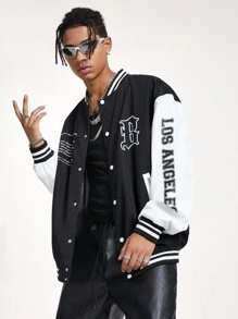 Manfinity NXTstreet Men's Woven Long Sleeve Baseball Jacket, For Fall Winter - Black and White - View 5